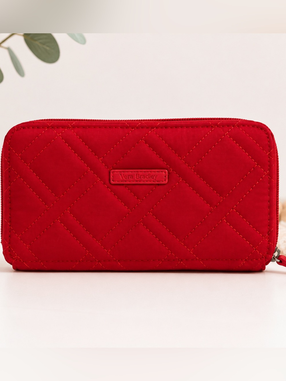 Vera Bradley Red Quilted RFID Zip Around Wallet Floral Lining
